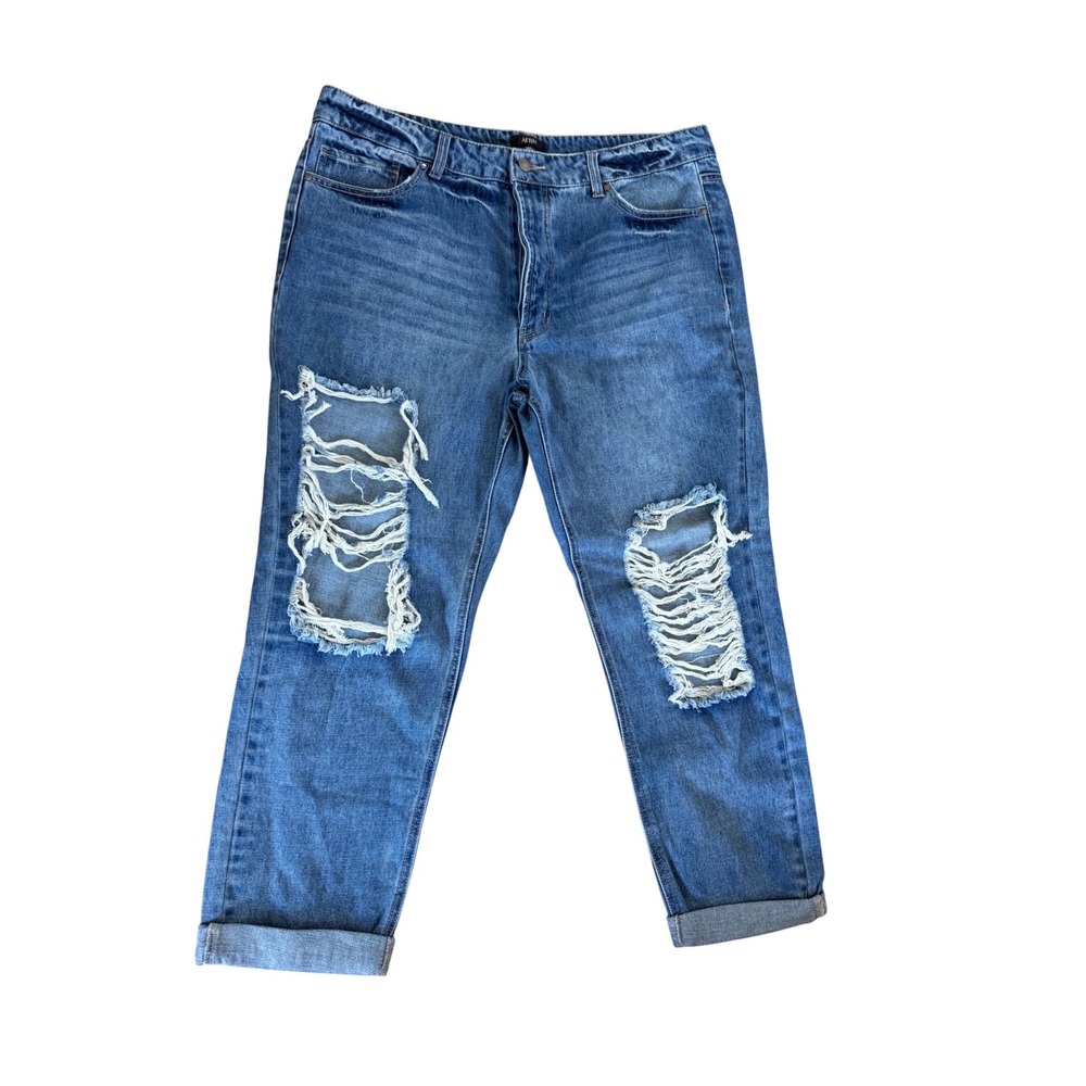 AFRM distressed denim blue jeans rolled cuff